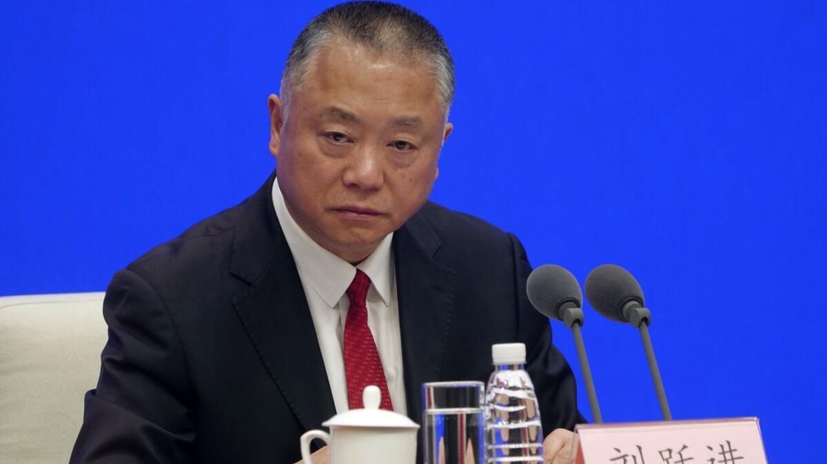 Liu Yuejin, vice commissioner of the National Narcotics Control Commission, speaks during a press conference in Beijing on Monday.