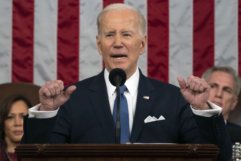 President Joe Biden delivers the State of the Union address to a joint session of Congress at the U.S. Capitol, Tuesday, Feb. 7, 2023, in Washington, as Vice President Kamala Harris and House Speaker Kevin McCarthy of Calif., listen. (Jacquelyn Martin, Pool)