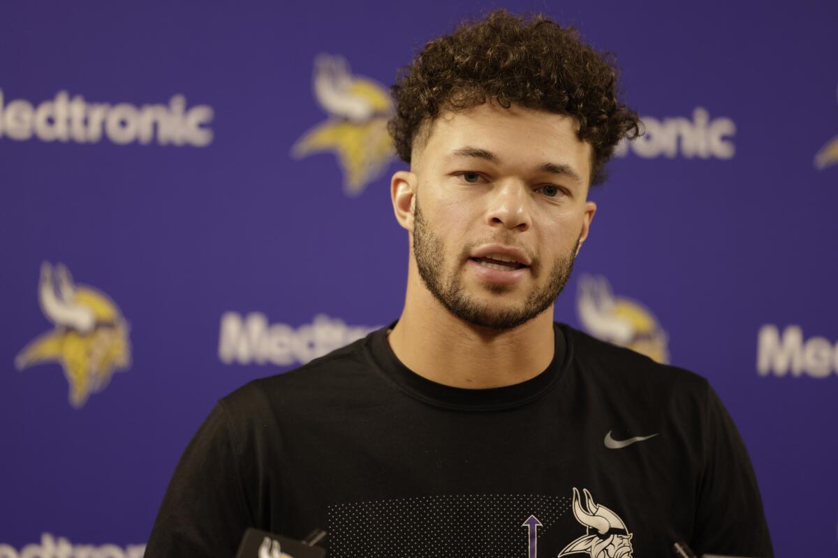 Minnesota Vikings quarterback Jaren Hall answers questions during a press conference after an NFL football game against the Green Bay Packers, Sunday, Oct. 29, 2023, in Green Bay, Wis. The Vikings won 24-10. (AP Photo/Matt Ludtke)