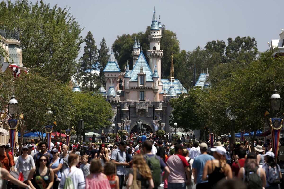 Sleeping Beauty Castle looking down Main Street at Disneyland in Anaheim on June 30, 2017.