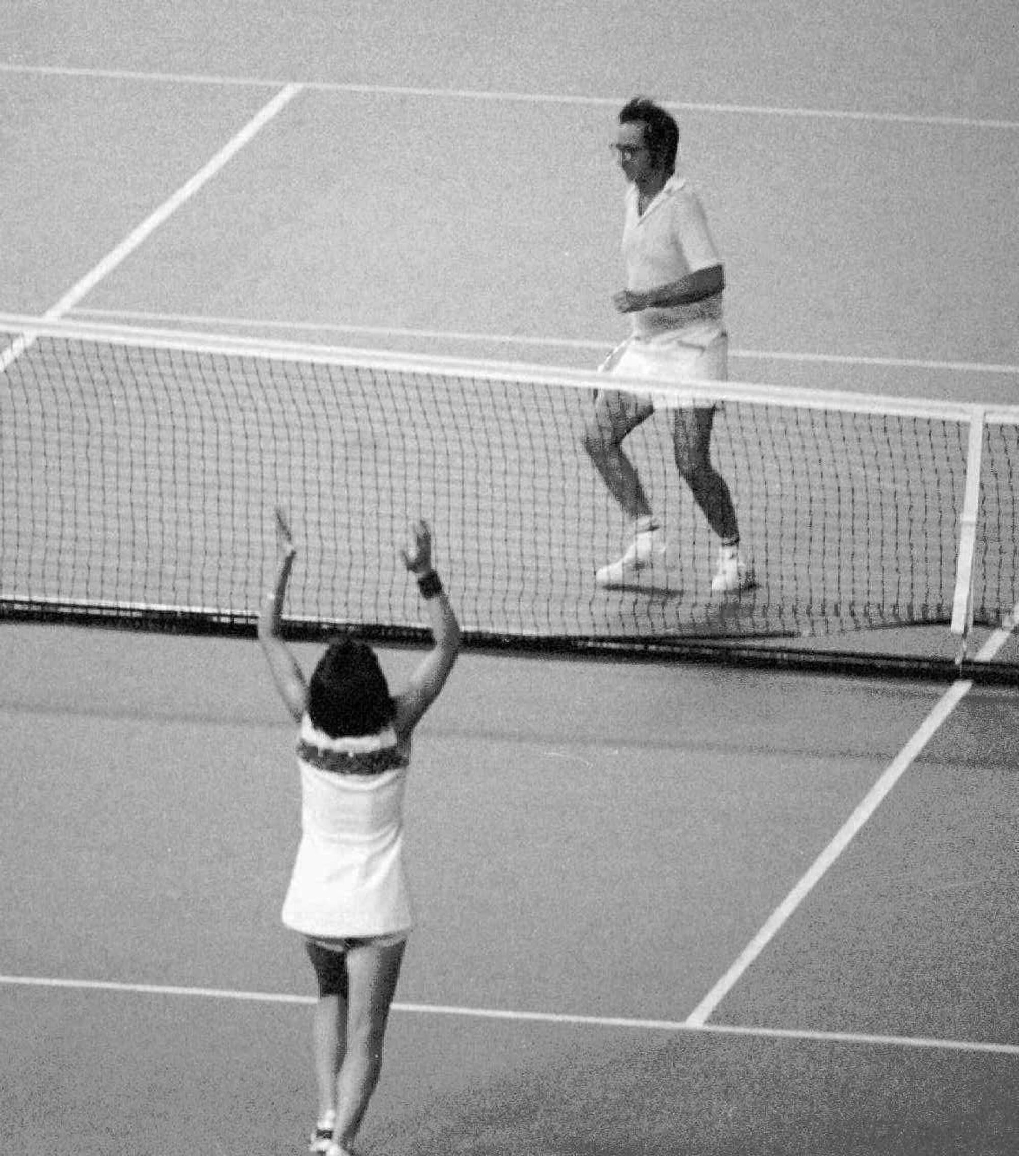Billie Jean King defeats Bobby Riggs at the Houston Astrodome on Sept. 20, 1973.