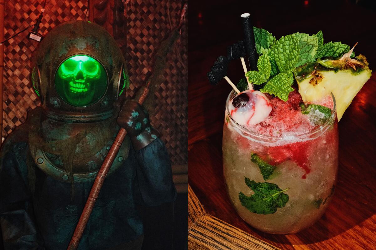 A glowing skull in a helmet next to a cocktail with a floating eyeball, garnished with fresh mint and pineapple