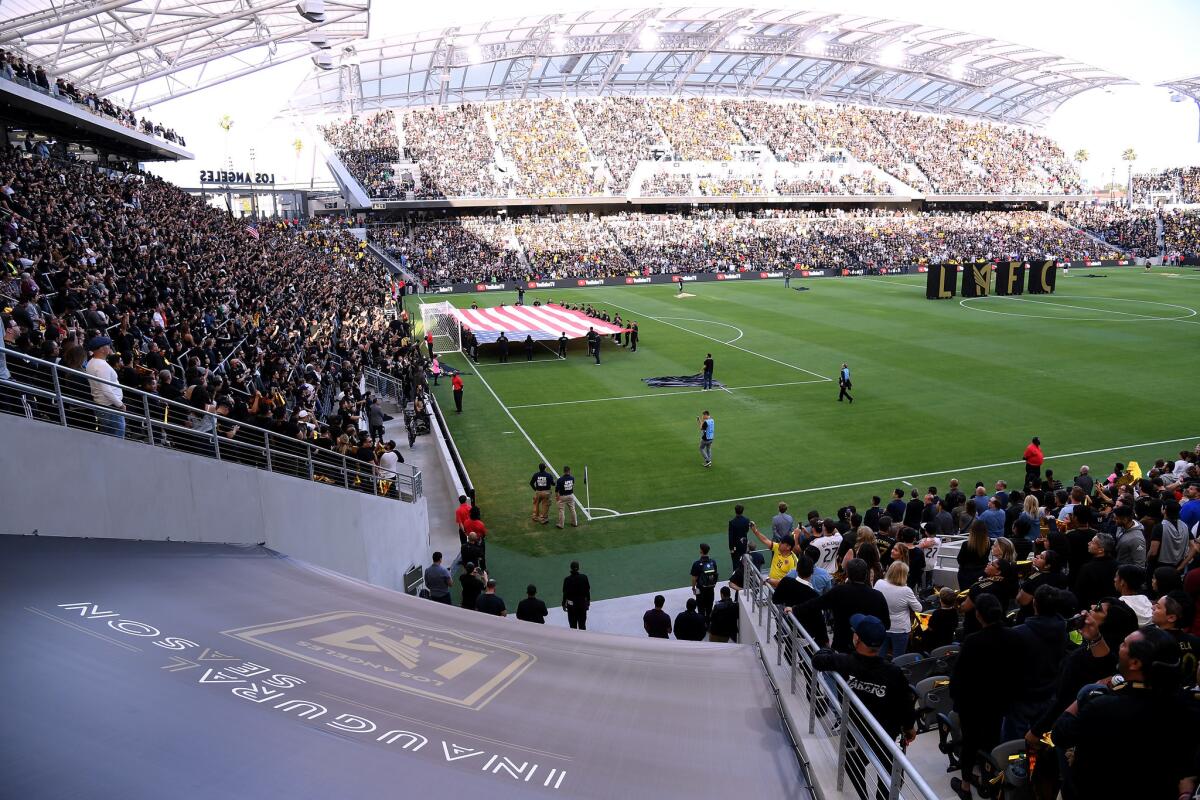 LOS ANGELES, CA - APRIL 29: The National Anthem is played before the inaugural Los Angeles FC home game against the Seattle Sounders at Banc of California Stadium on April 29, 2018 in Los Angeles, California.