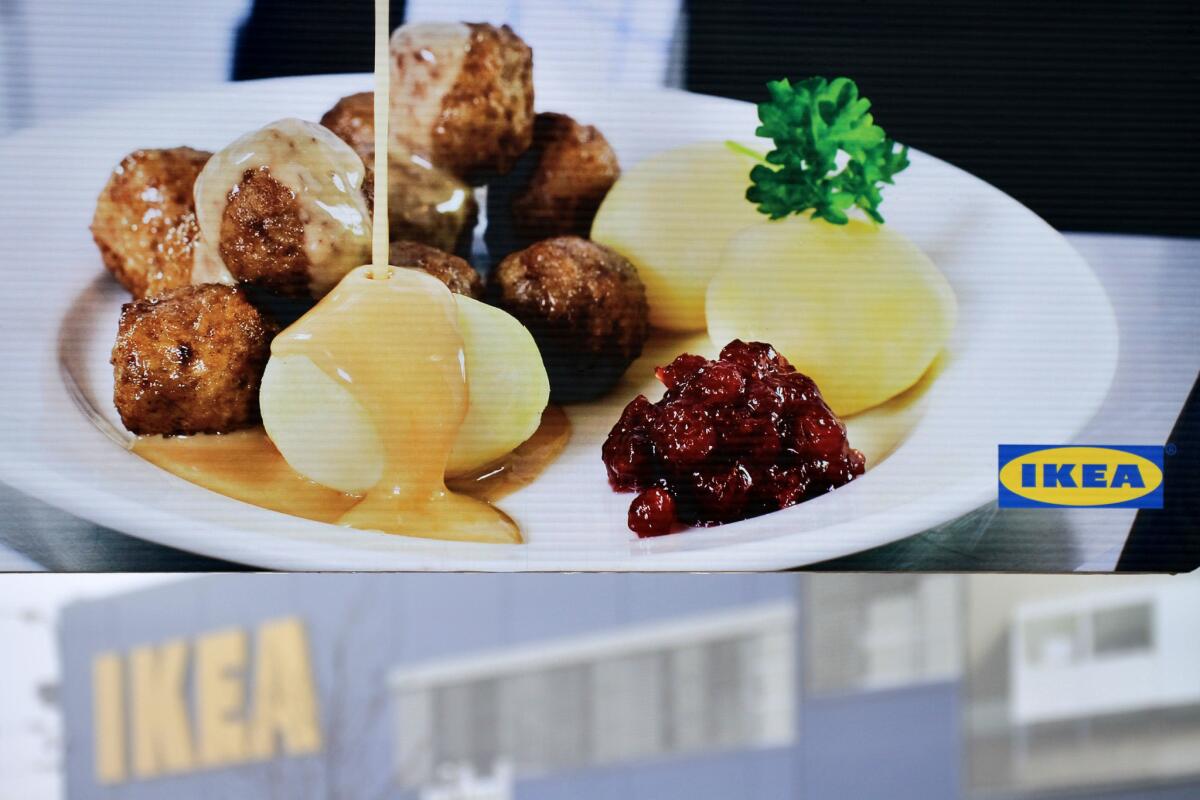 Meatballs in a photo in front of an Ikea store in the Czech Republic. Czech regulators discovered traces of horse meat in frozen Swedish meatballs sold by Ikea in Europe.