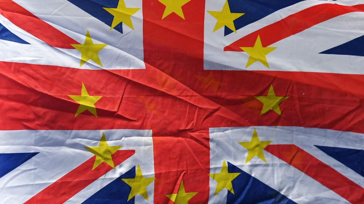 A British Union flag with the EU stars outside of the British Parliament in Westminster, central London, on Feb. 26, 2018.