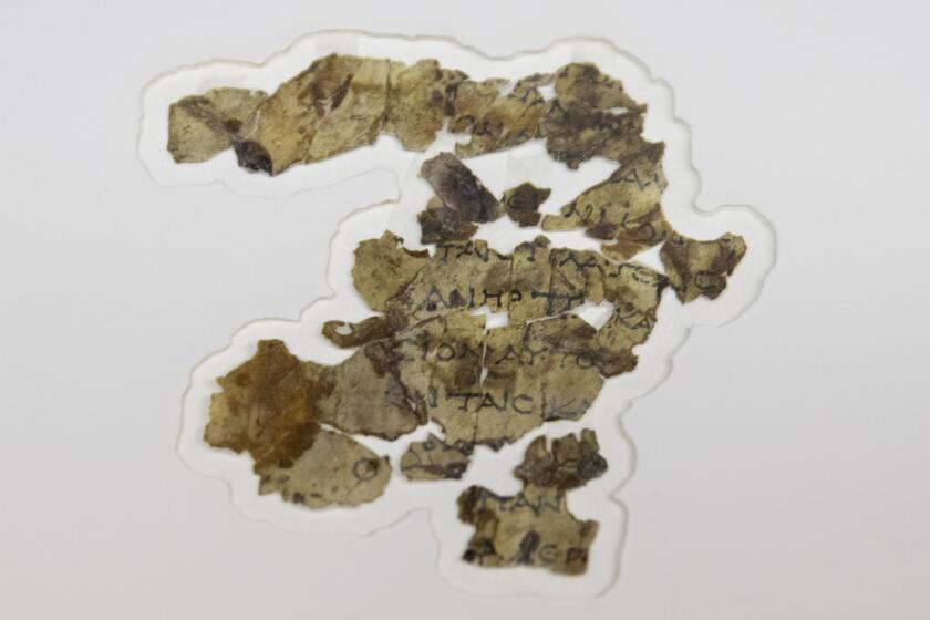 The Israel Antiquities Authority displays newly discovered Dead Sea Scroll fragments at the Dead Sea scrolls conservation lab in Jerusalem, Tuesday, March 16, 2021. Israeli archaeologists on Tuesday announced the discovery of dozens of new Dead Sea Scroll fragments bearing a biblical text found in a desert cave and believed hidden during a Jewish revolt against Rome nearly 1,900 years ago. (AP Photo/Sebastian Scheiner)