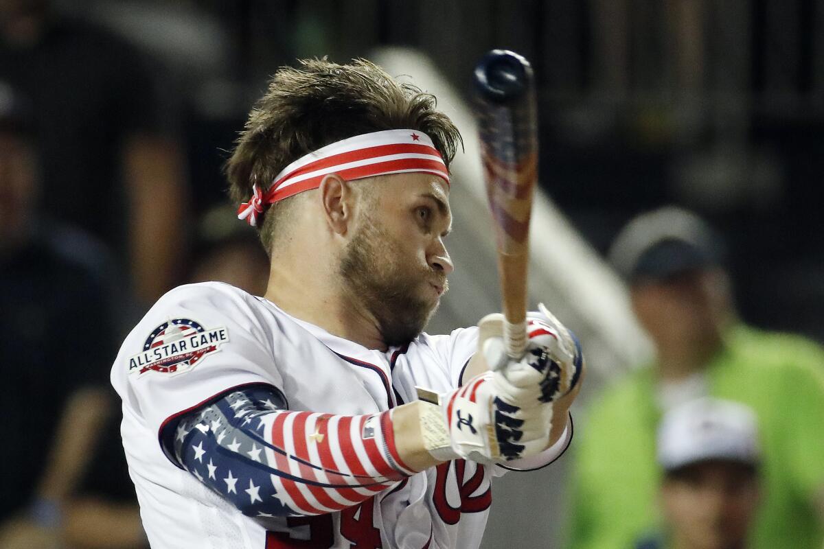 Bryce Harper competes during the 2018 MLB All-Star home run derby in Washington.