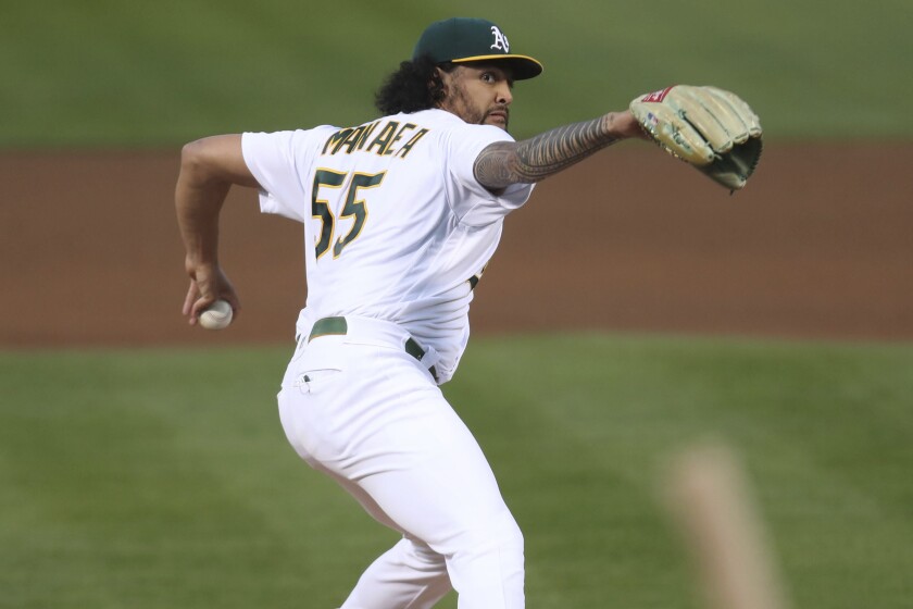 Oakland Athletics' Sean Manaea throws to a Tampa Bay Rays batter during the fifth inning of a baseball game in Oakland, Calif., Friday, May 7, 2021. (AP Photo/Jed Jacobsohn)
