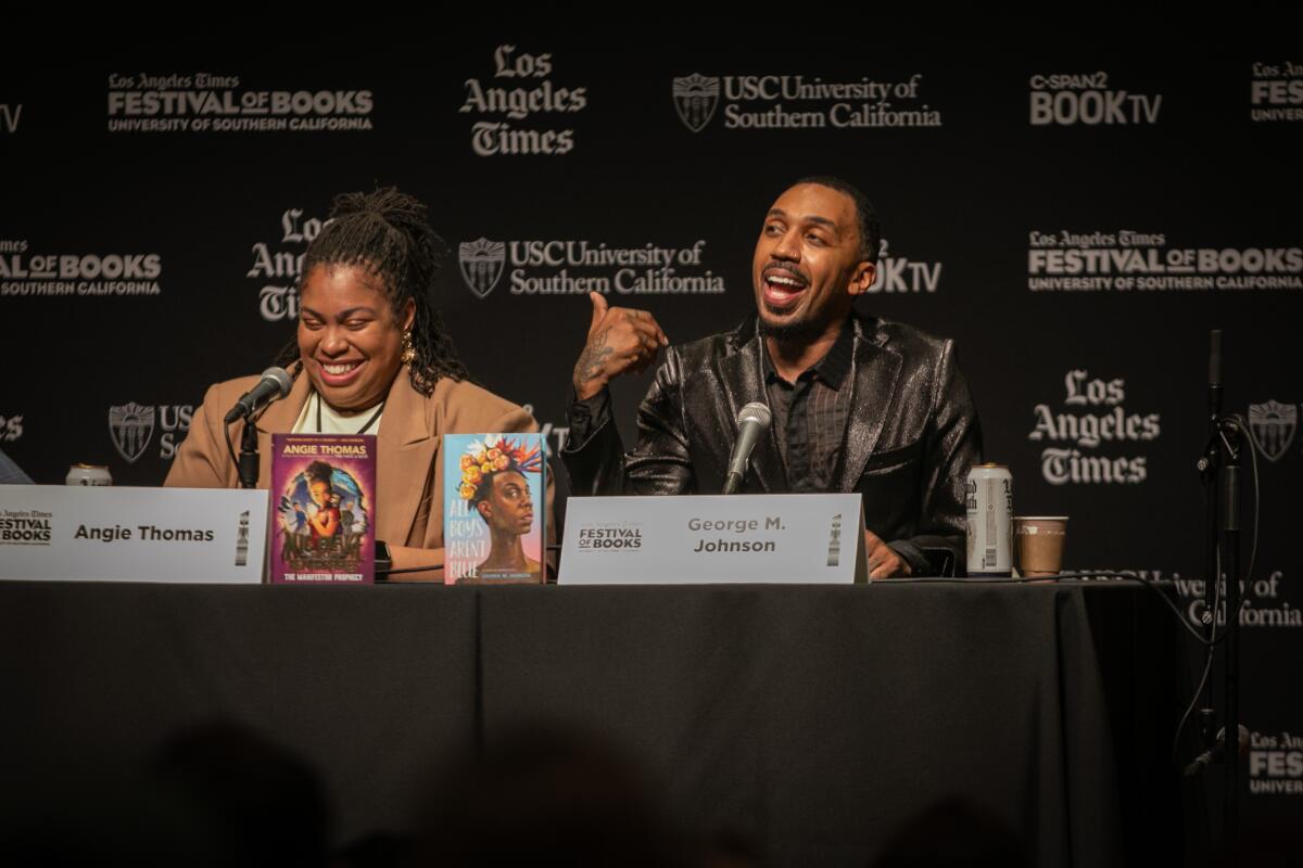 (Left to right) Author Angie Thomas and George M. Johnson discuss their work at the Festival of Books.