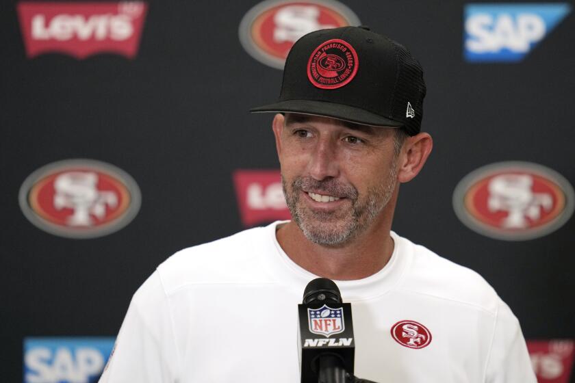 San Francisco 49ers head coach Kyle Shanahan speaks during a news conference after the 49ers defeated the Los Angeles Rams 30-23 in an NFL football game Sunday, Sept. 17, 2023, in Inglewood, Calif. (AP Photo/Ashley Landis)
