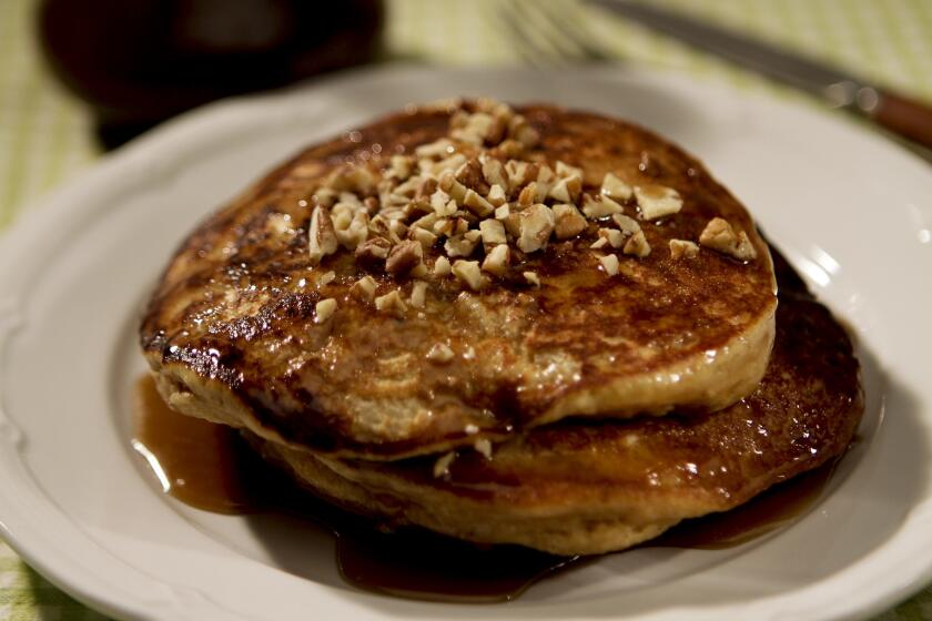 Recipe: Sweet potato pancakes with brown sugar butter sauce.