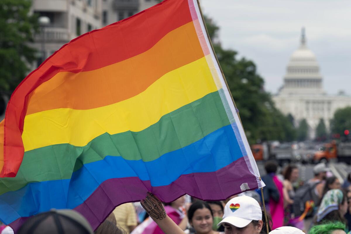 A person waves a rainbow flag at a 2021 rally in Washington, D.C., in support of the LGBTQ community.