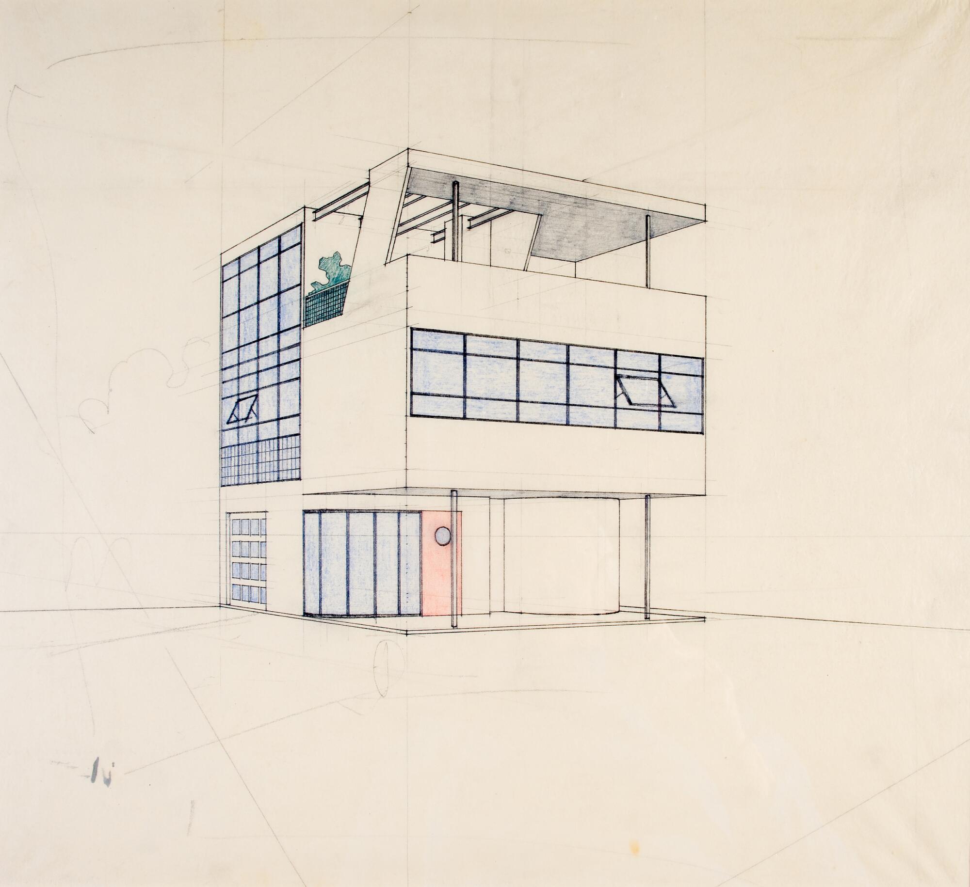 Architects: Kocher & Frey, exterior perspective sketch of the aluminum house.