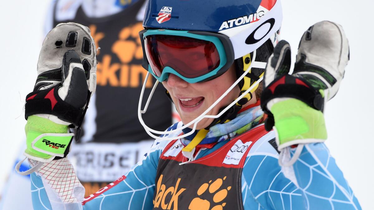 Mikaela Shiffrin celebrates after winning the World Cup slalom title following her race victory in France on Saturday.