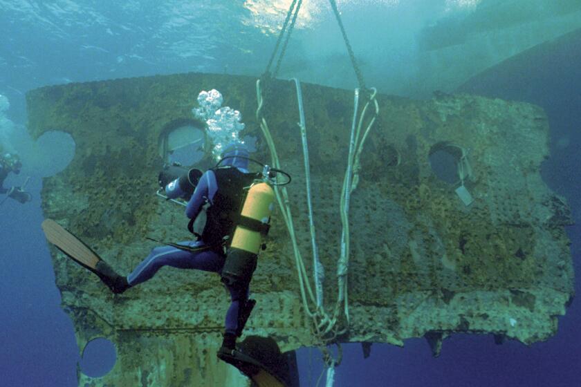 An underwater scene of a diver with an oxygen tank swims vertically in front of a large metal piece of shipwreck