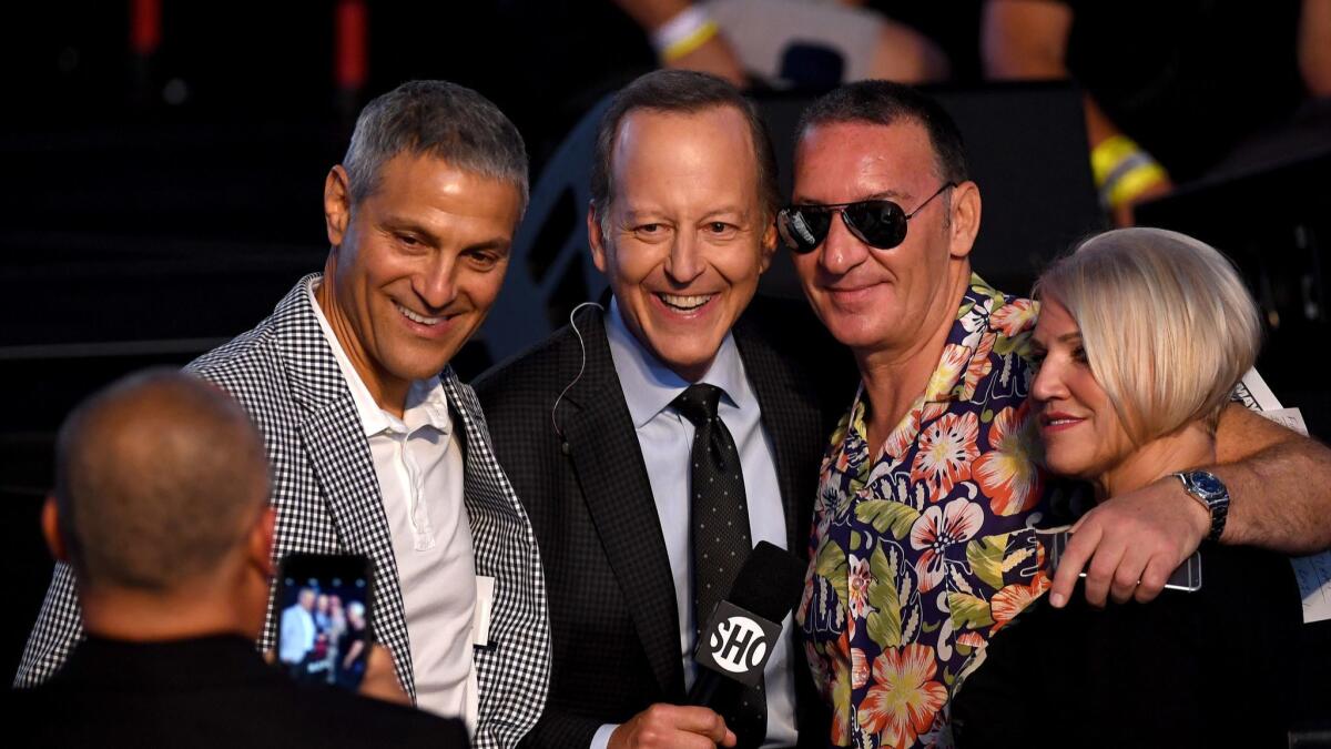 Ari Emanuel poses with sportscaster Jim Gray and Tony and Margaret McGregor, parents of UFC fighter Conor McGregor at the fighter's bout against Floyd Mayweather Jr. in 2017 in Las Vegas. Emanuel's company Endeavor owns UFC.