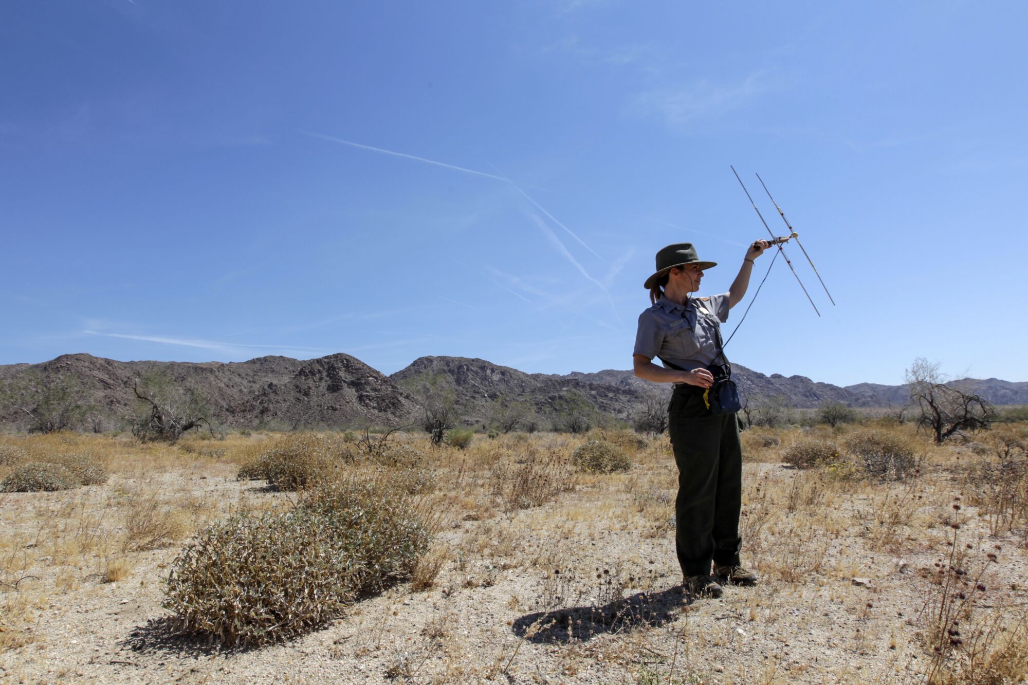 A woman in a ranger uniform holds a radio antenna