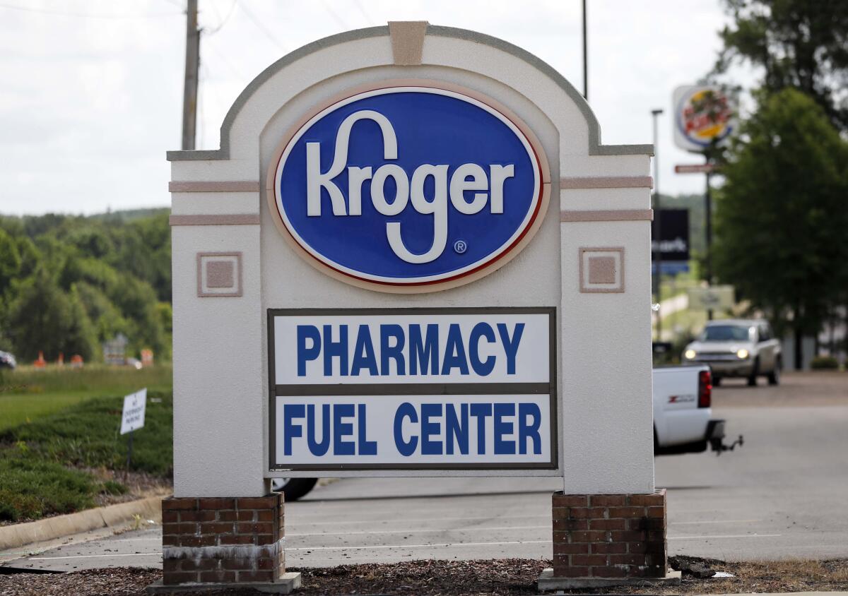 A Kroger grocery store sign promotes its pharmacy and fuel center at its Flowood, Miss., location