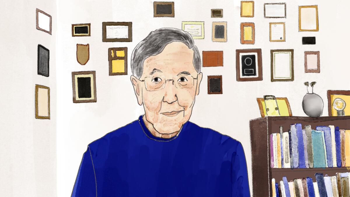 An illustration of professor Derald Wing Sue in his office