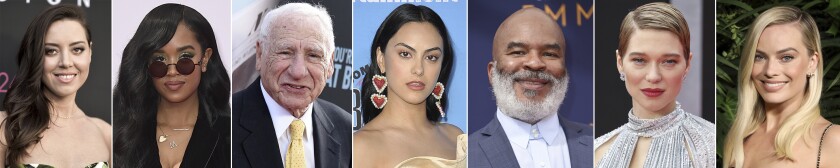 This combination photo of celebrities with birthdays from June 26 - July 2 shows Aubrey Plaza, from left, H.E.R., Mel Brooks, Camila Mendes, David Alan Grier, Lea Seydoux, and Margot Robbie. (AP Photo)