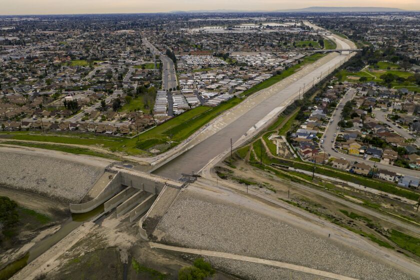 MONTEBELLO, CALIF. -- TUESDAY, FEBRUARY 12, 2019: An aerial view of the Whittier Narrows Dam in the area between Montebello and Pico Rivera in Montebello, Calif., on Feb. 12, 2019. The U.S. Army Corps of Engineers warns that Whittier Narrows Dam along the San Gabriel River would fail during an epic storm and jeopardize the lives of more than a million people in dozens of Los Angeles area communities. (Brian van der Brug / Los Angeles Times)