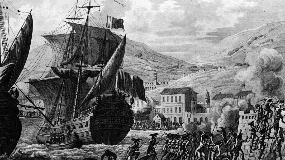 HAITI - CIRCA 1802: The storming of Cap-Francais, in Haiti, by the general Charles Leclerc, the Pauline Bonaparte's husband, during the revolt of Toussaint Louverture (1802). Engraving of Le Brun according to Nolet. B.N.F. (Photo by Roger Viollet Collection/Getty Images)