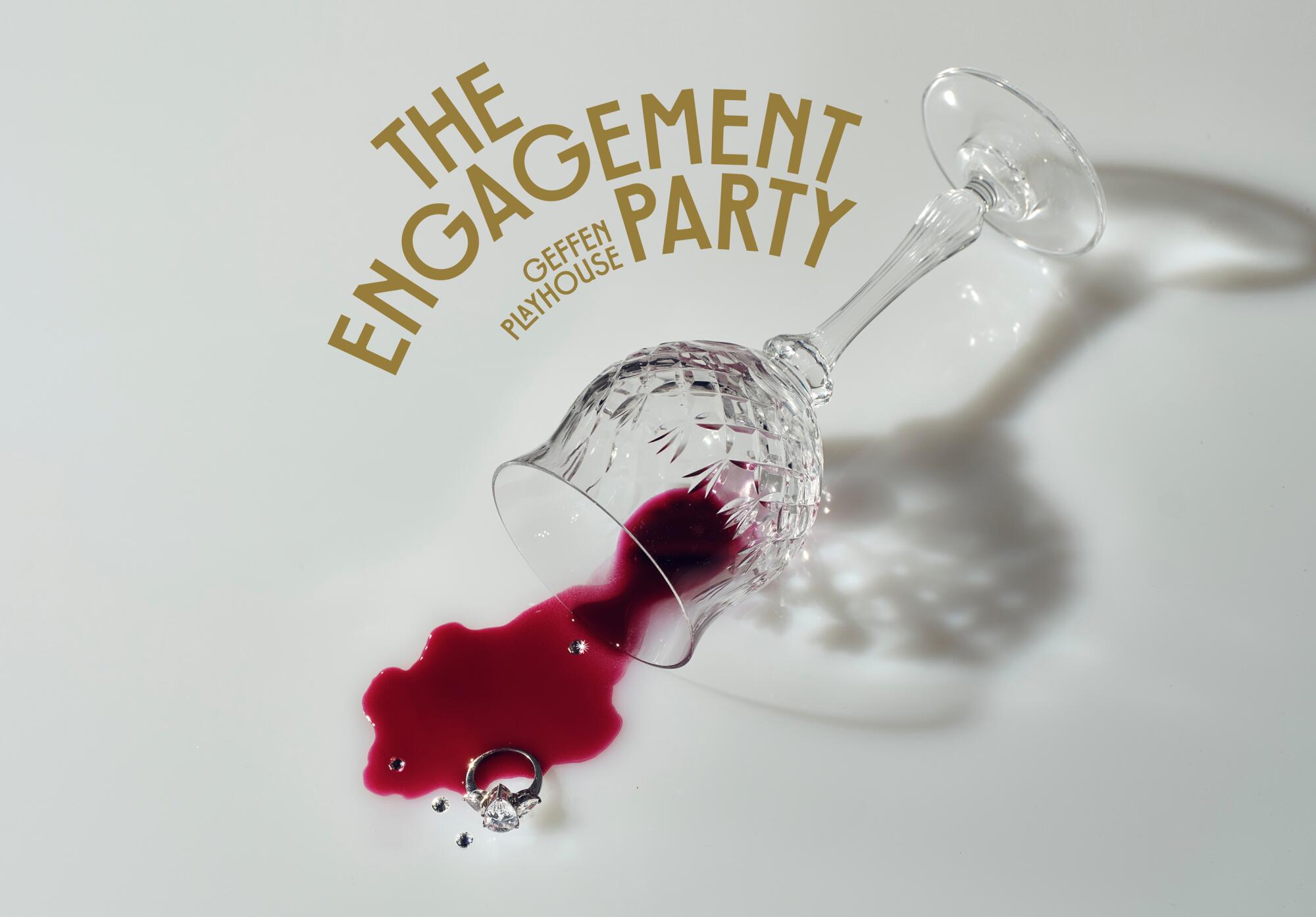 A flyer shows a spilled glass of red wine and an engagement ring.