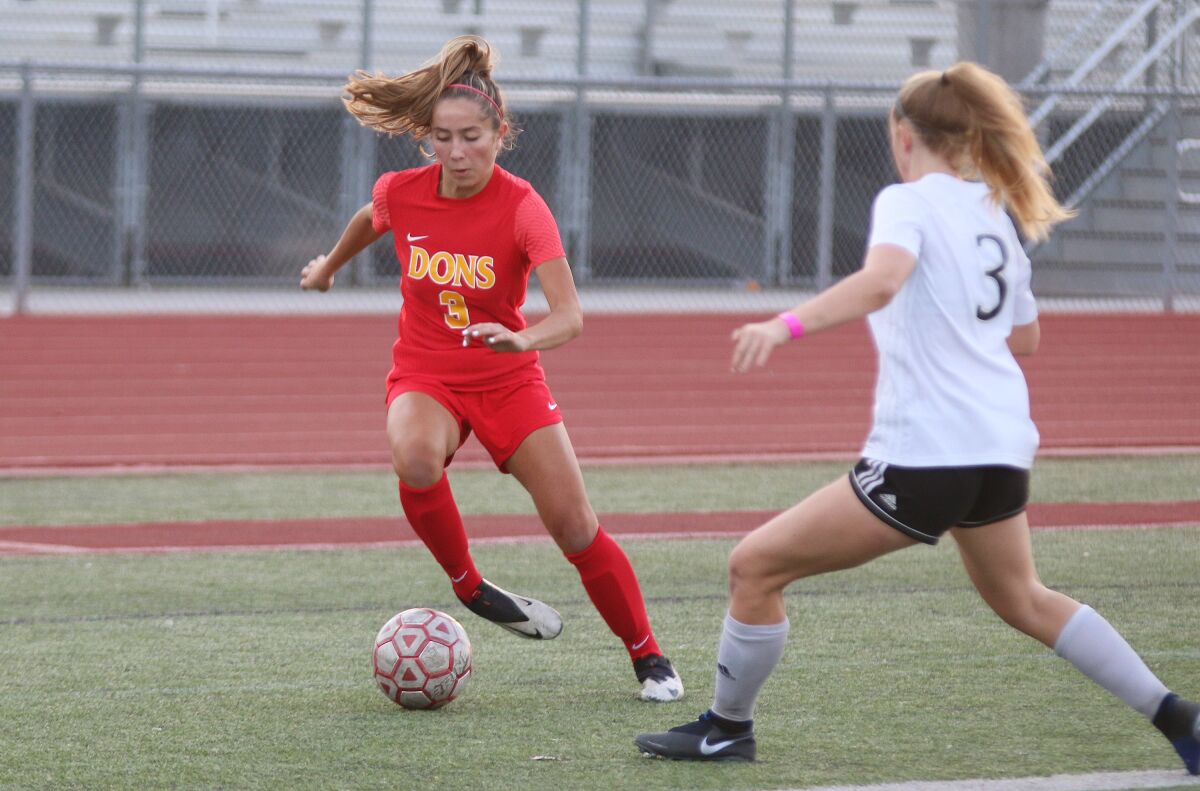 Midfielder Taylor Eagan puts a move on Westview defender Wednesday.