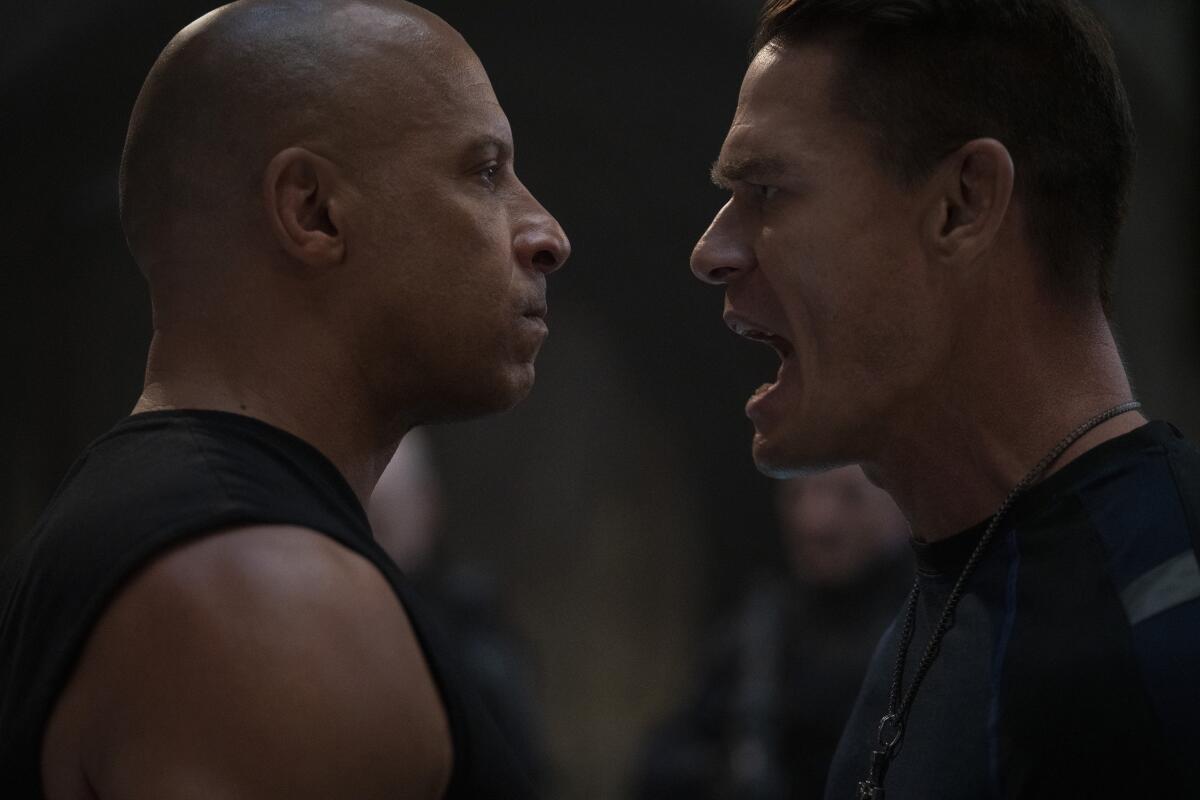 Dom (Vin Diesel) y Jakob (John Cena) en "F9," dirigida por Justin Lin.