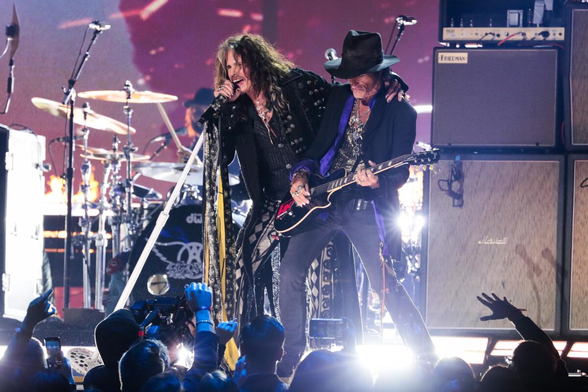 Aerosmith, featuring Steven Tyler and Joe Perry, performs at the 62nd Grammy Awards