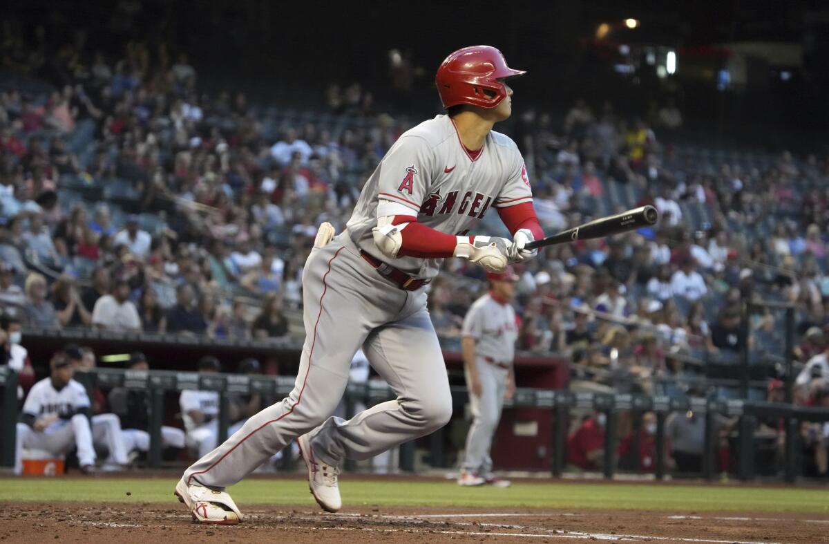 Los Angeles Angels' Shohei Ohtani (17) hits an RBI double in the third inning during a baseball game.