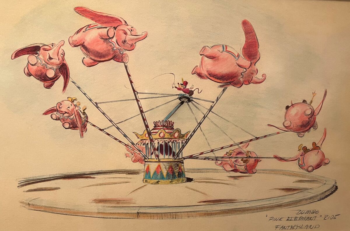 An early concept drawing for the Dumbo ride, which opened at at Disneyland Park on Aug. 16, 1955.