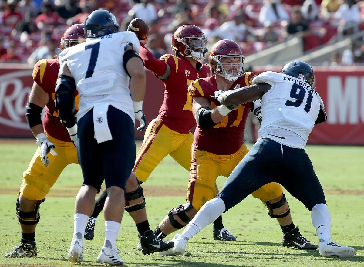 LOS ANGELES, CALIF. - SEP. 3, 2022. USC rquarterback Caleb Williams throws downfield against Rice.
