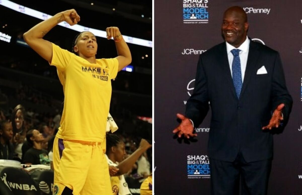 Candace Parker in uniform and Shaquille O'Neal in a business suit