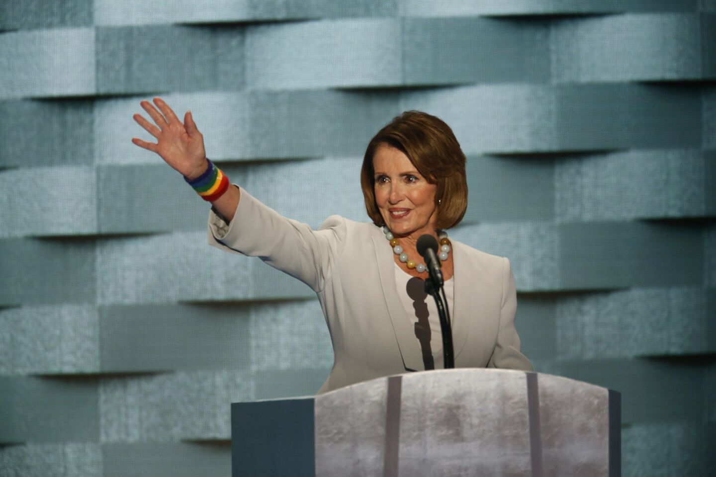 Representative Nancy Pelosi speaks on the final night of the Democratic National Convention in Philadelphia.