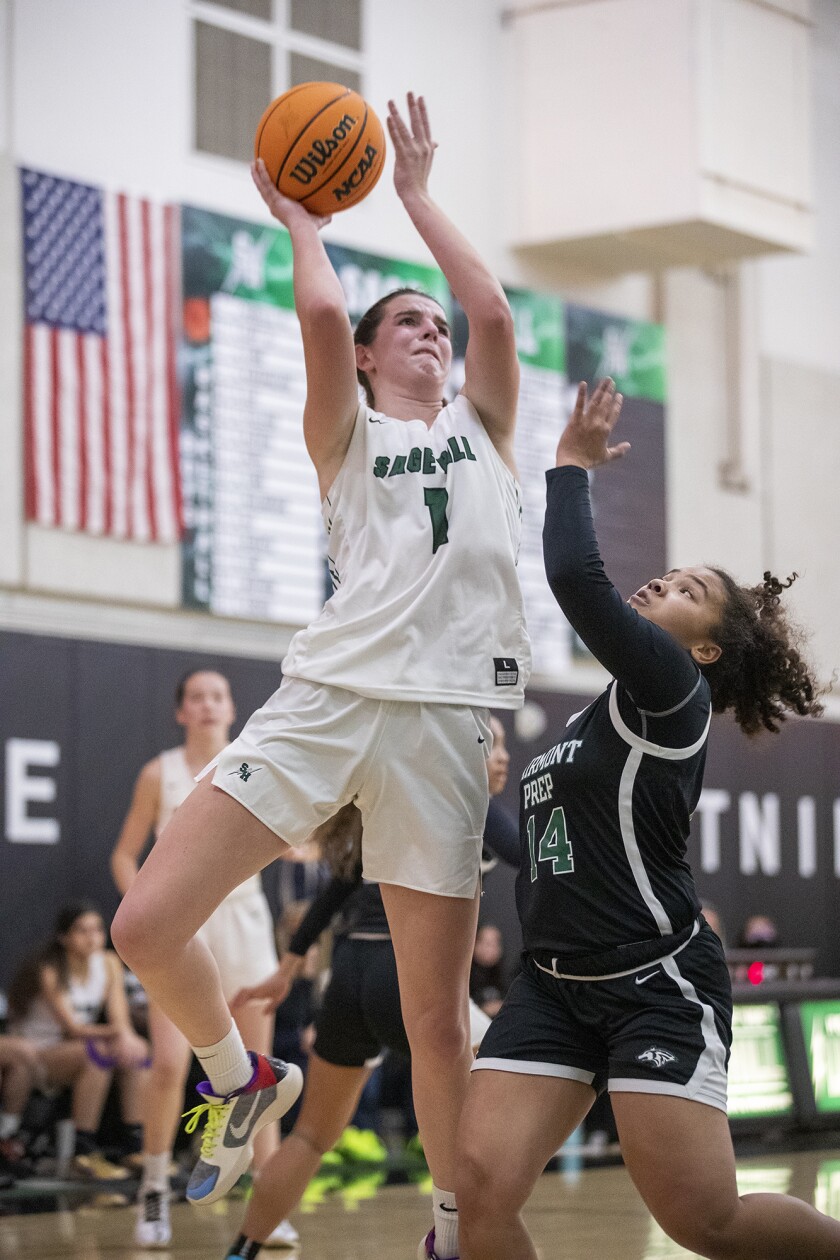 Sage Hill's Emily Eadie goes up for a shot against Fairmont Prep's Misty Twyman.