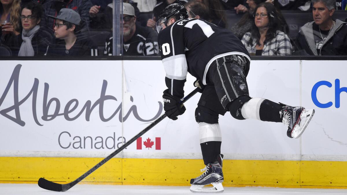 Kings forward Tanner Pearson limps off the ice after suffering a broken leg during a January loss.