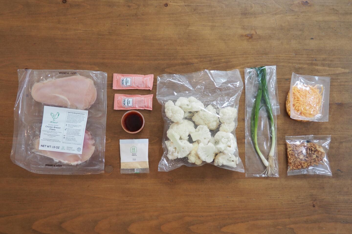 Ingredients for the Home Chef chipotle BBQ chicken with cheesy roasted cauliflower.