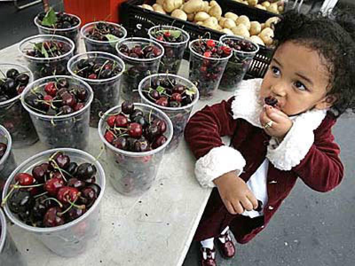 Leslie Wilson, 3, samples a cherry at the farmers market at Saint Agnes Church in L.A.