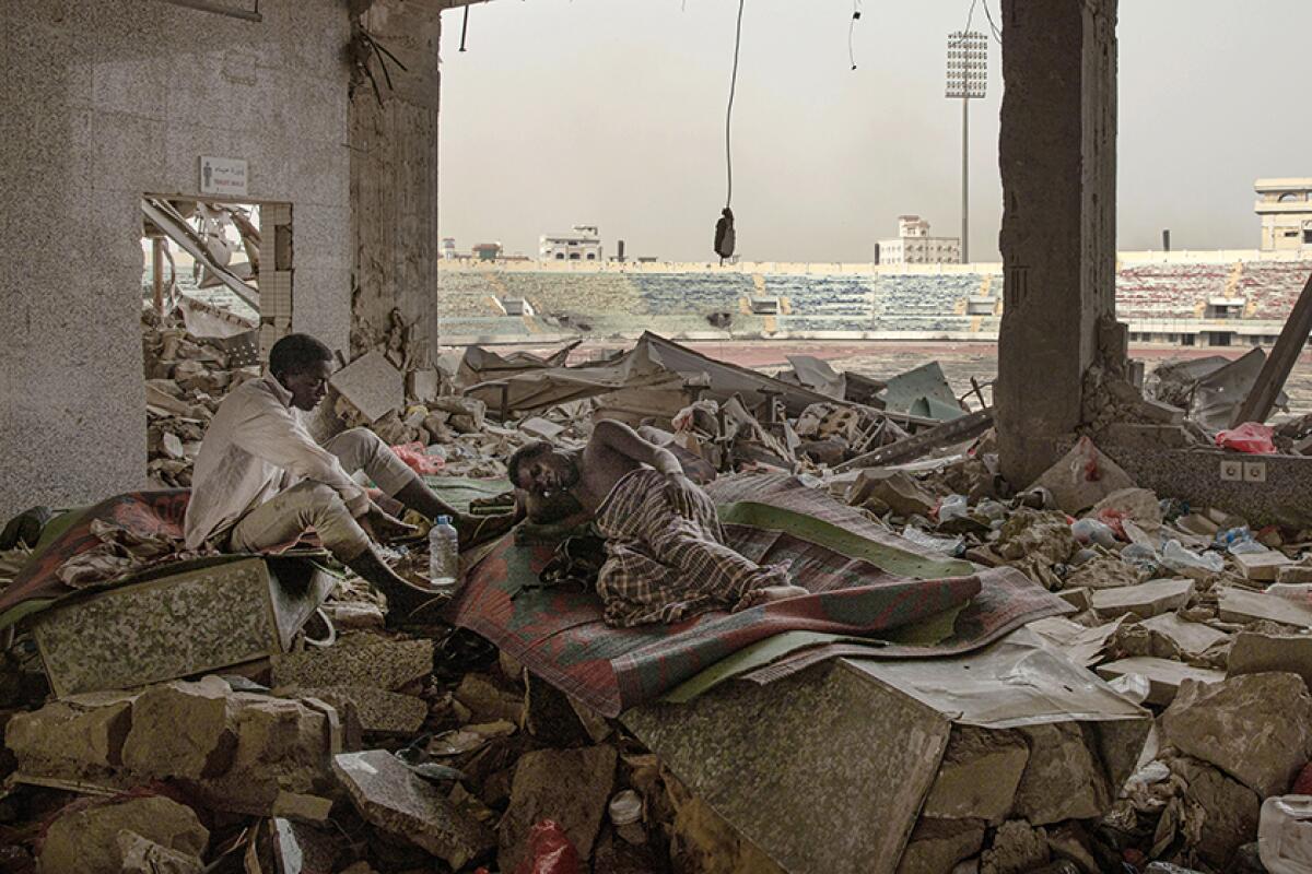 A shelter at a soccer stadium in Aden, Yemen. 