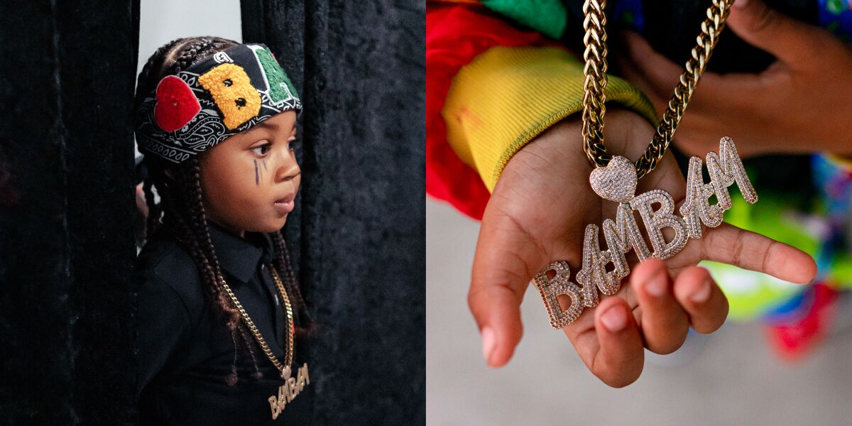 A diptych of a child and a detail of his chain.