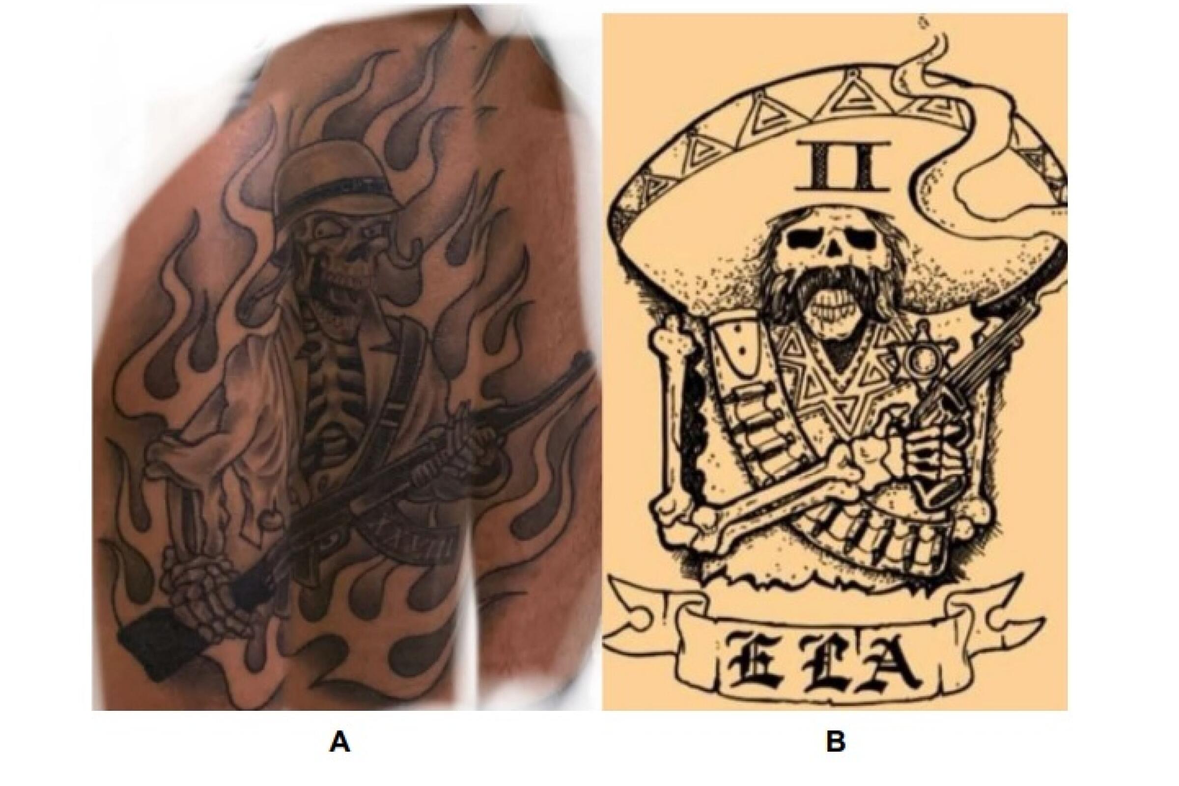 Side-by-side photos of tattoos depicting skeletons with firearms