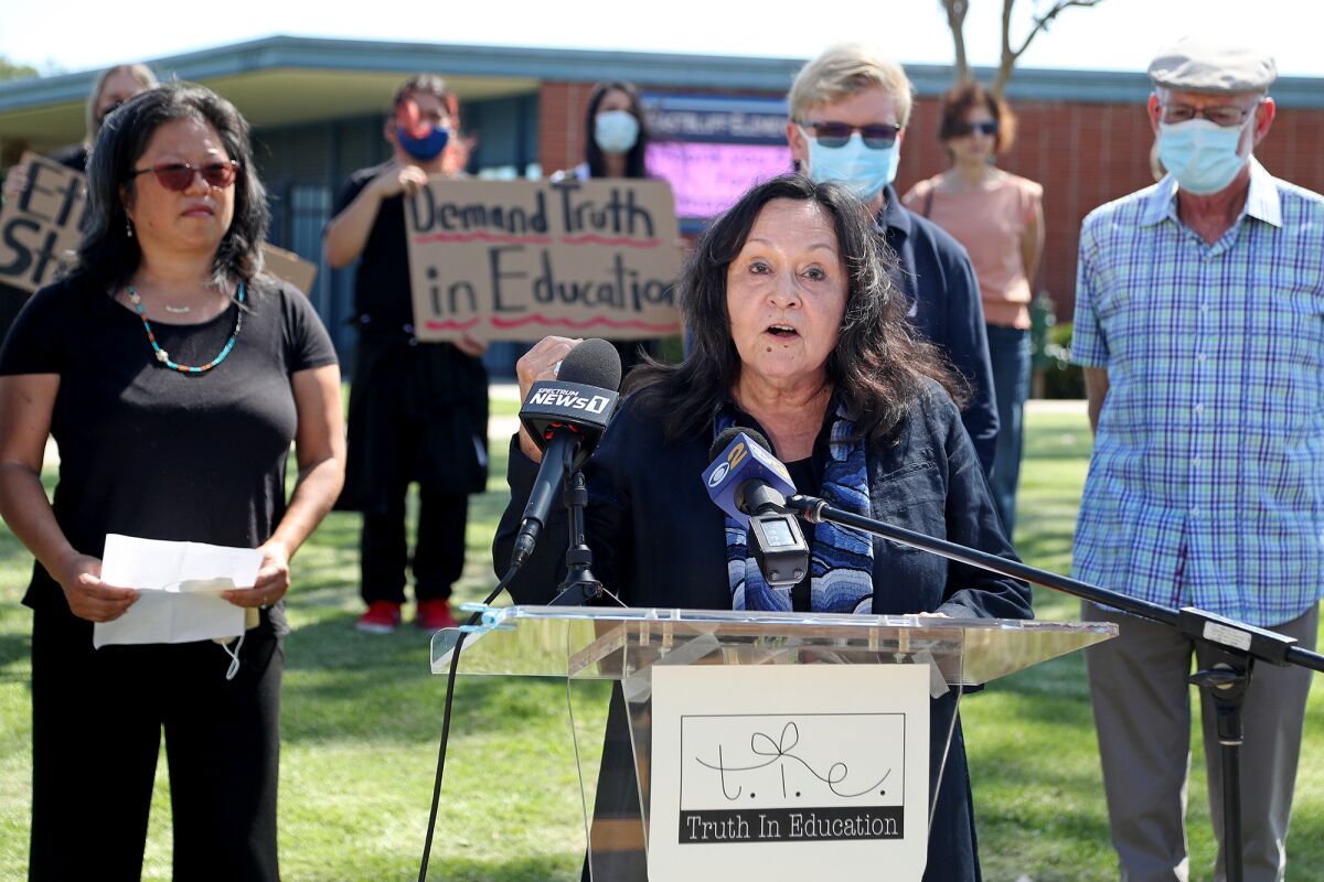 Dr. Theresa Montaño speaks during a press conference on Tuesday at Eastbluff Elementary School in Newport Beach.