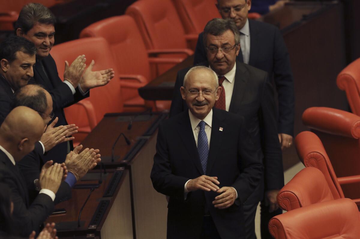 Kemal Kilicdaroglu, the leader of the main opposition Republican People's Party, arrives before Turkey's parliament authorized the deployment of troops to Libya.