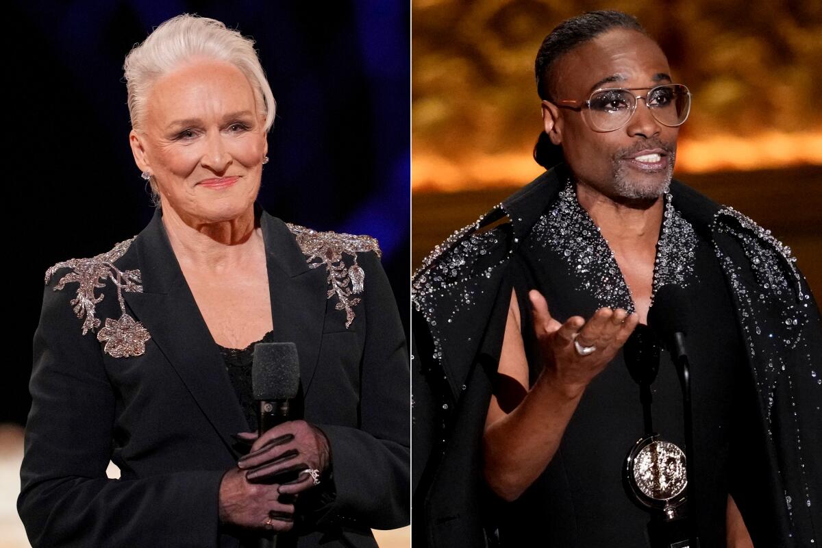 A split image of Glenn Close and Billy Porter, both wearing bedazzled black blazers.