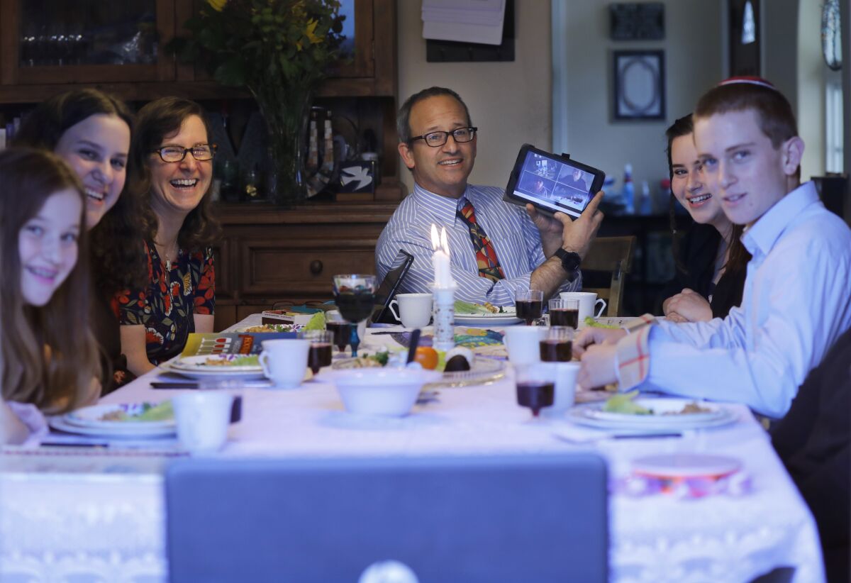 Rabbi Scott Meltzer of Ohr Shalom Synagogue in San Diego hosted a seder that was steamed live via Zoom to members of his congregation on April 8.