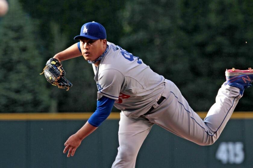 Dodgers starting pitcher Hyun-Jin Ryu pitched five shutout innings against the Rockies on Friday, before giving up two runs in the sixth. He allowed eight hits, walked two and struck out two in six innings.