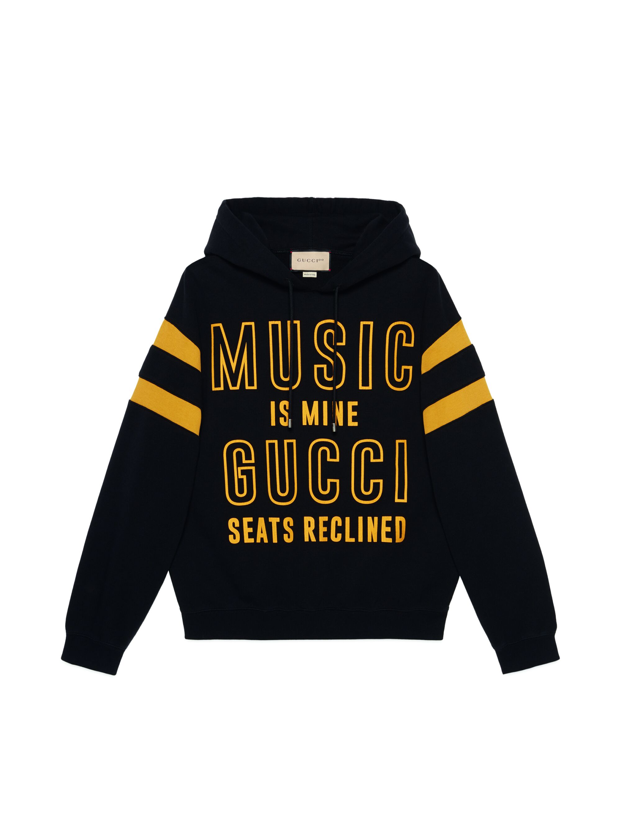 Gucci sweatshirt with "Music is mine, Gucci seats reclined" on the back