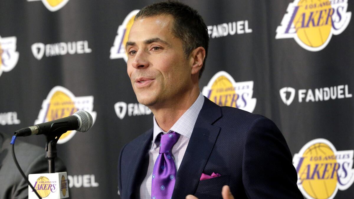 Lakers General Manager Rob Pelinka addresses the media during his introductory news conference.