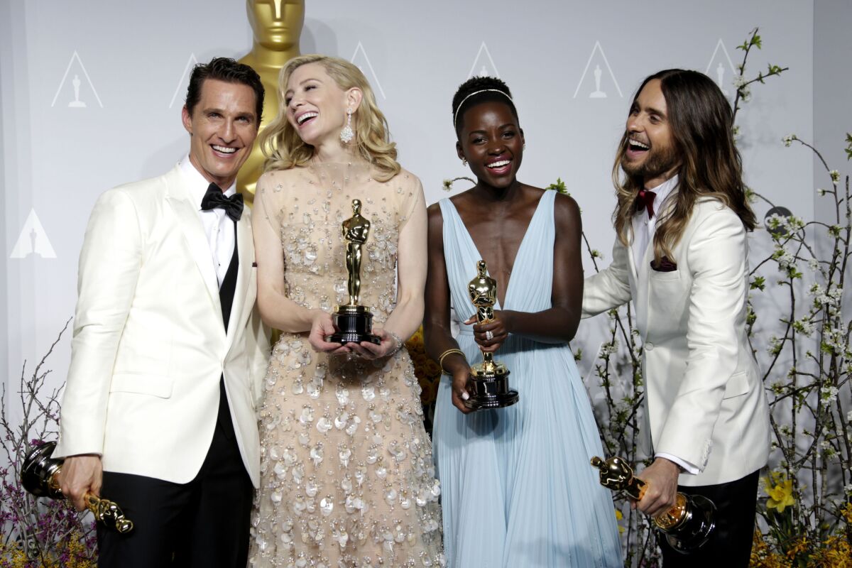 From left, Matthew McConaughey, Cate Blanchett, Lupita Nyong'o and Jared Leto with their Oscars for the four acting categories.